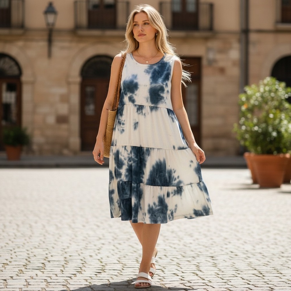 Little Mia Bella Tiered Tank Dress Girls 7/8 Blue‎ White Tie Dye Knit Round Neck